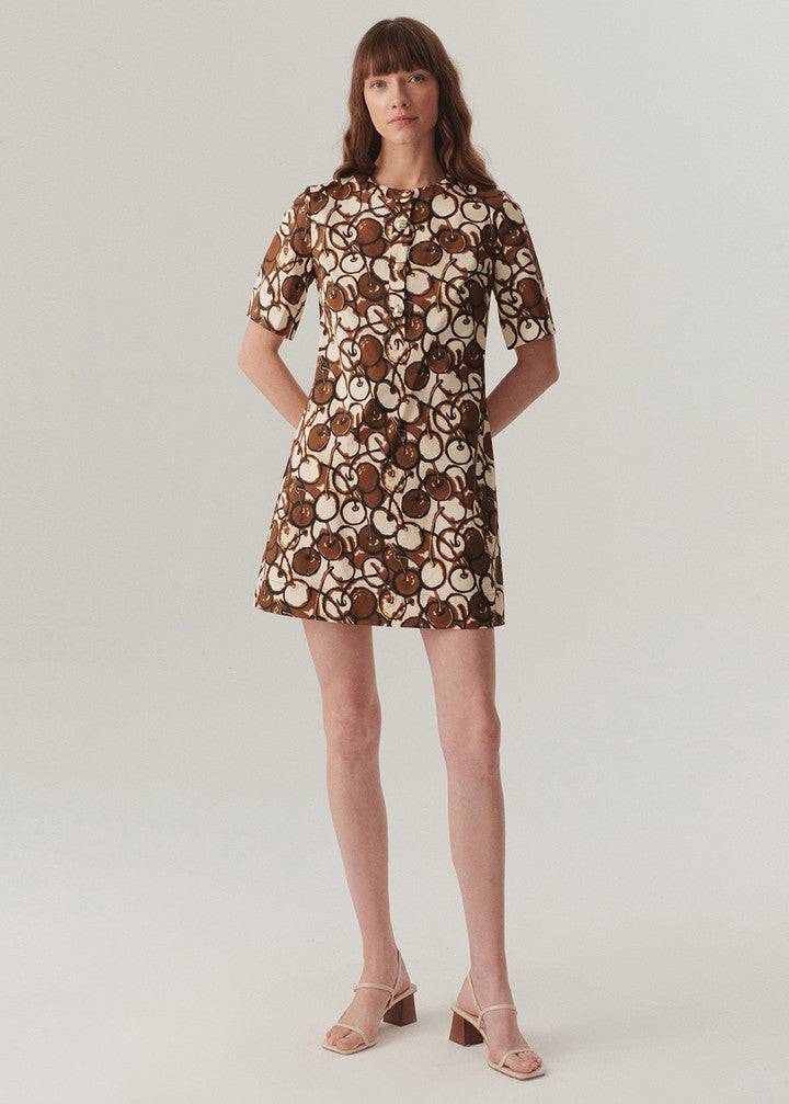 Düğmeli Bisiklet Yakalı Kısa Kol Desenli Mini Çok Renkli Elbise