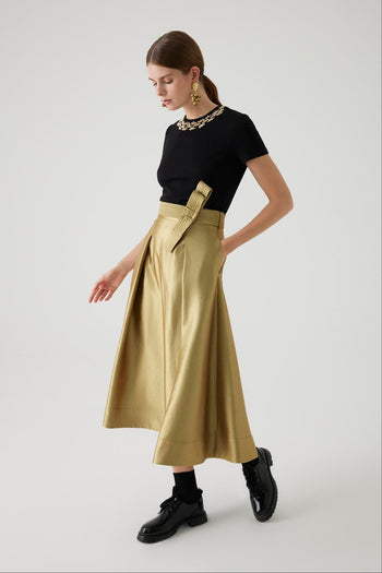 Kuşak Detaylı Regular Gold Midi Etek