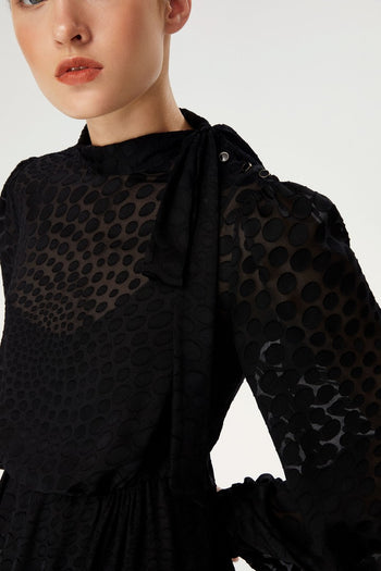 Yakası Fularlı Midi Elbise