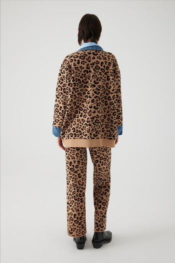 Leopar Desen Denim Garnili Oversize Hırka