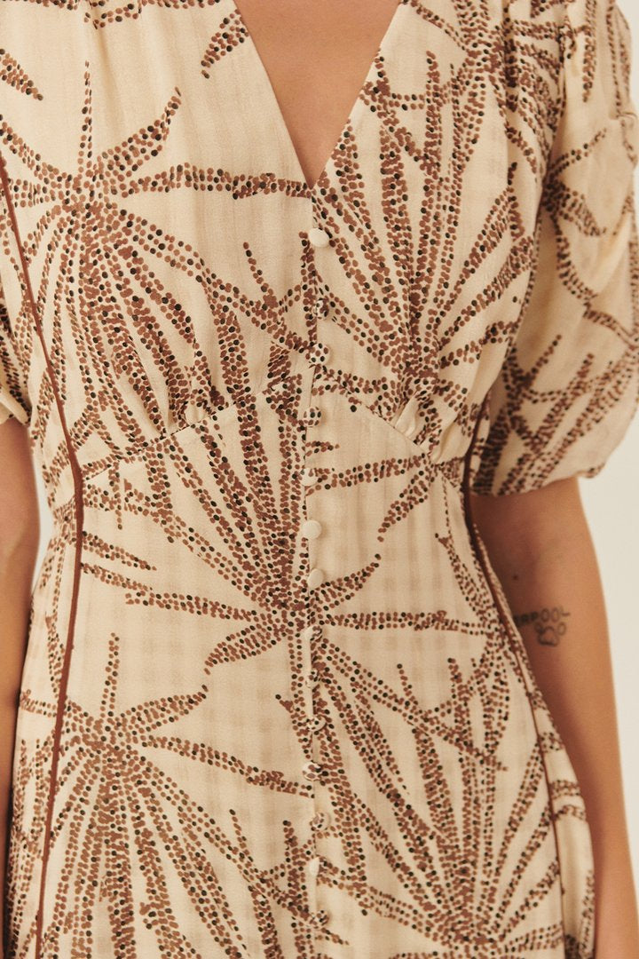 Desenli Balon Kol V Yaka Düğmeli Regular Midi Rayon Şifon Elbise