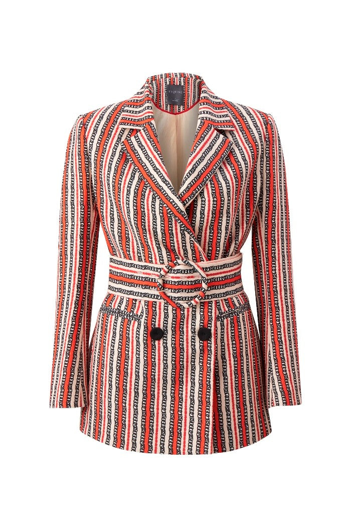 Çizgi Desenli Kemer Detaylı Blazer Ceket