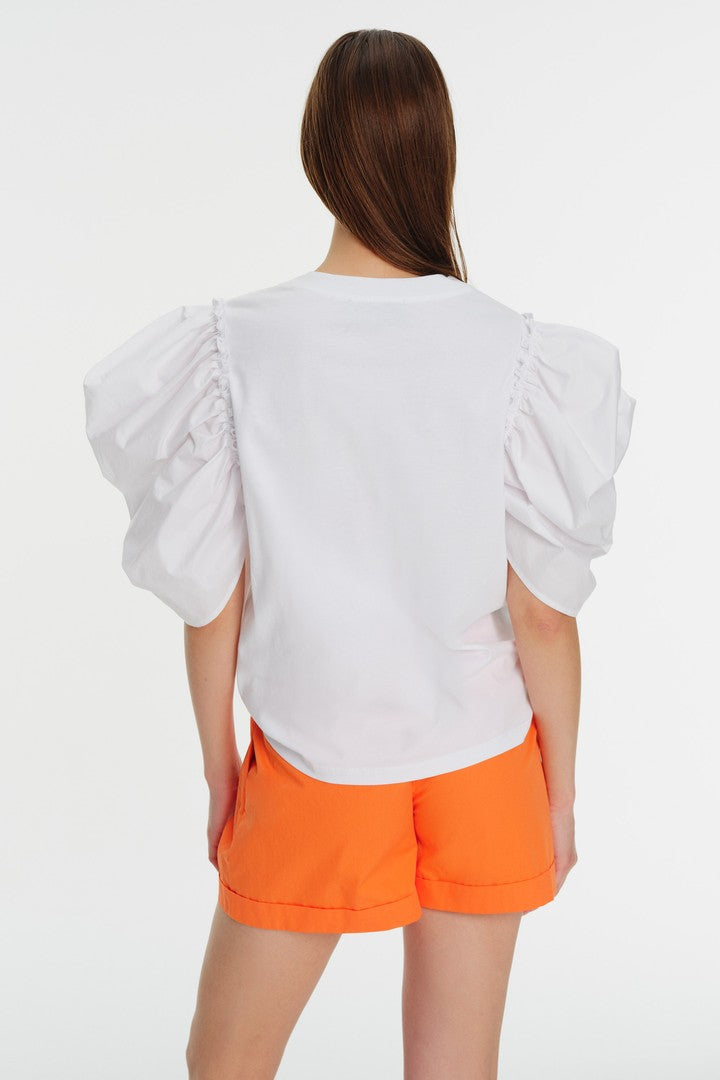 Balon Kol Bisiklet Yaka İşlemeli Pamuk Tişört