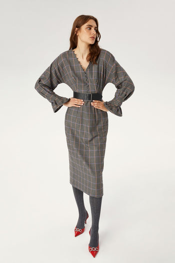 Volan Kollu Ekose Elbise