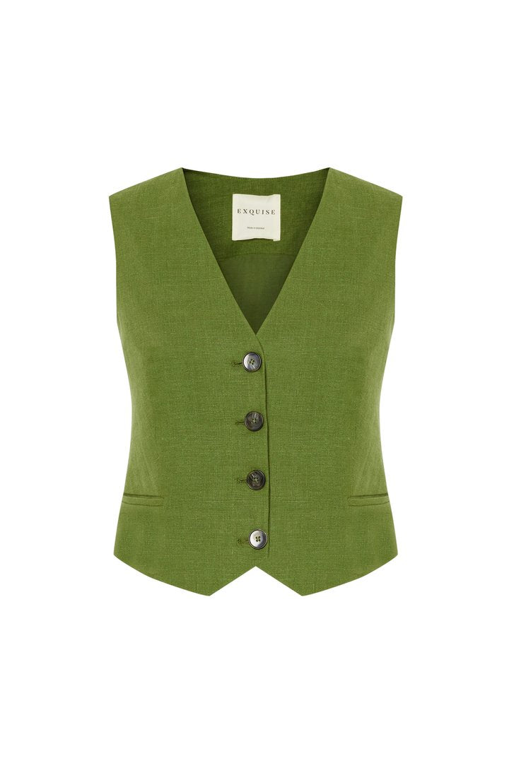 Düğme Detaylı Slim Fit Haki Yelek