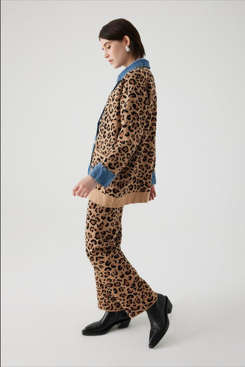 Leopar Desen Denim Garnili Oversize Hırka