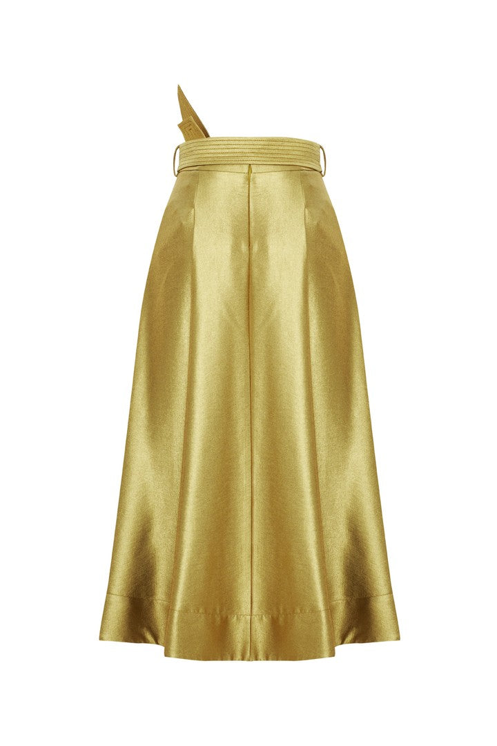 Kuşak Detaylı Regular Gold Midi Etek