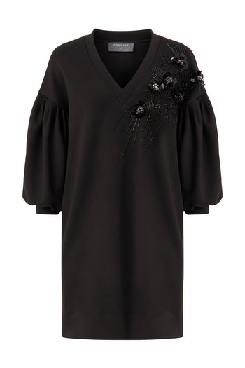 V Yakalı İşleme Detaylı Örme Elbise