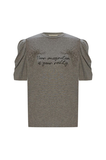 Taşlı ve Baskılı Bisiklet Yaka T-Shirt