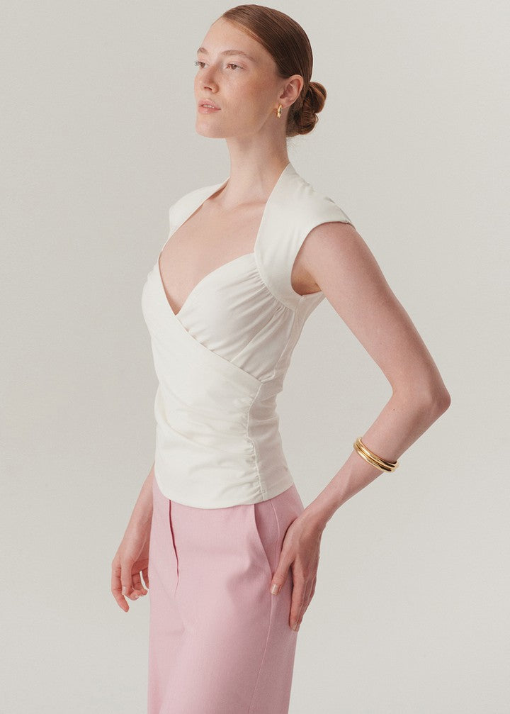 Kruvaze Yaka Slim Fit Beyaz Bluz
