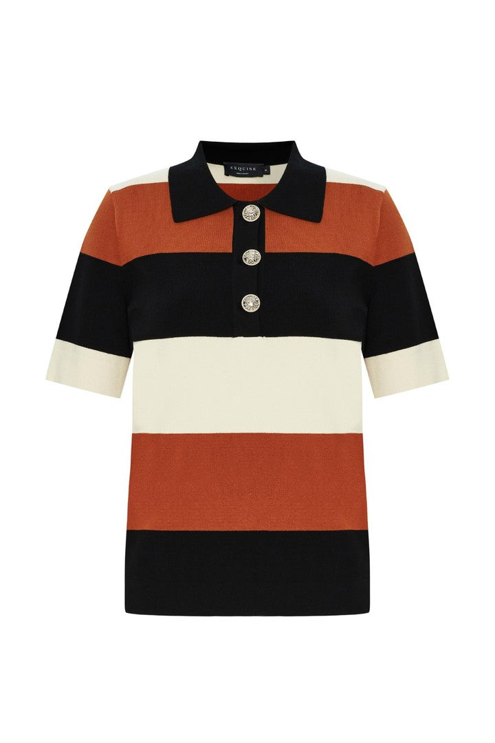 Polo Yaka Çizgili Triko Bluz