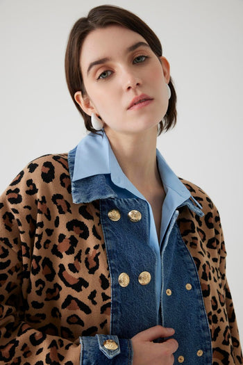 Leopar Desen Denim Garnili Oversize Hırka