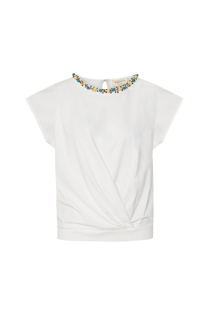 Boncuk İşlemeli Beyaz Regular T-Shirt