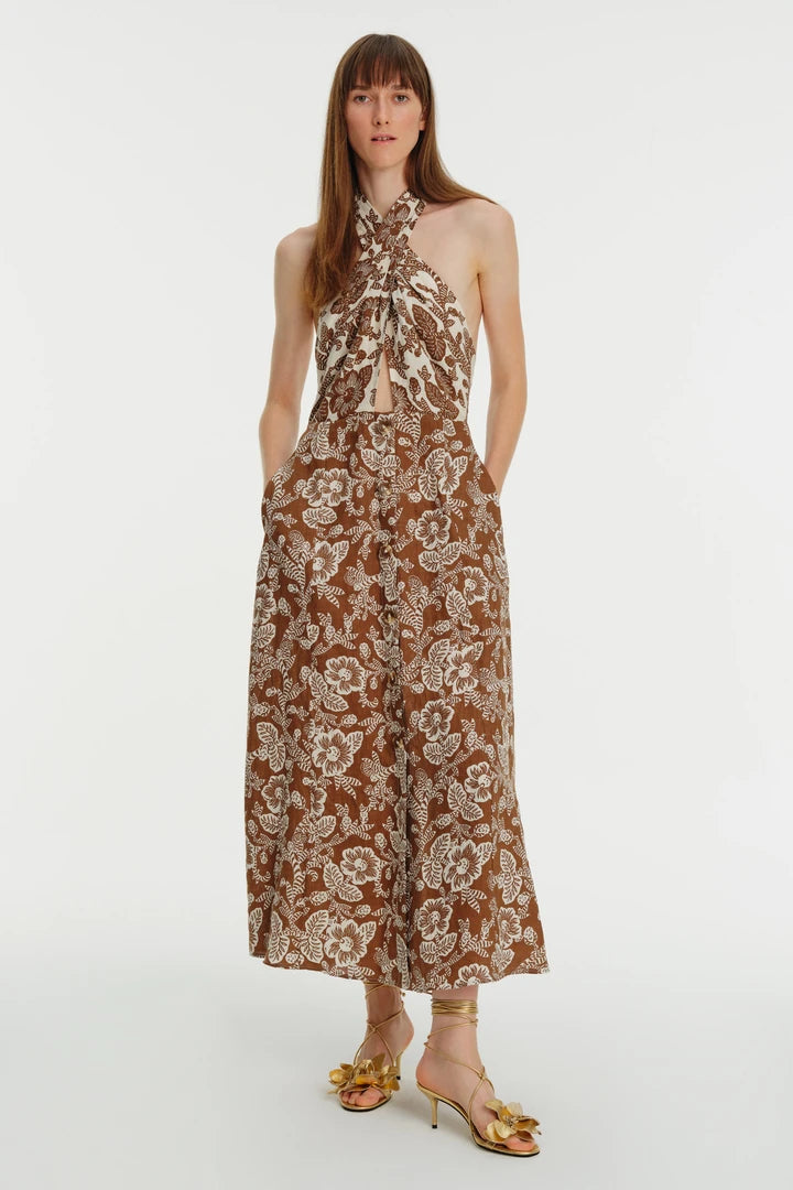 Boyundan Bağlamalı Dekolteli Çiçek Desenli Keten Elbise