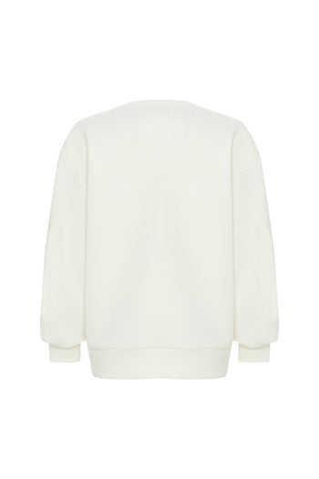 Palmiye El İşlemeli Oversize Ekru Sweatshirt