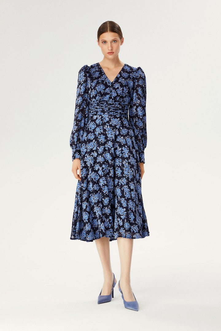 Bel Detaylı Desenli Midi Elbise