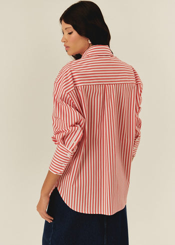 Taş İşleme Detaylı Lacivert Beyaz Oversize Çizgili Poplin Gömlek