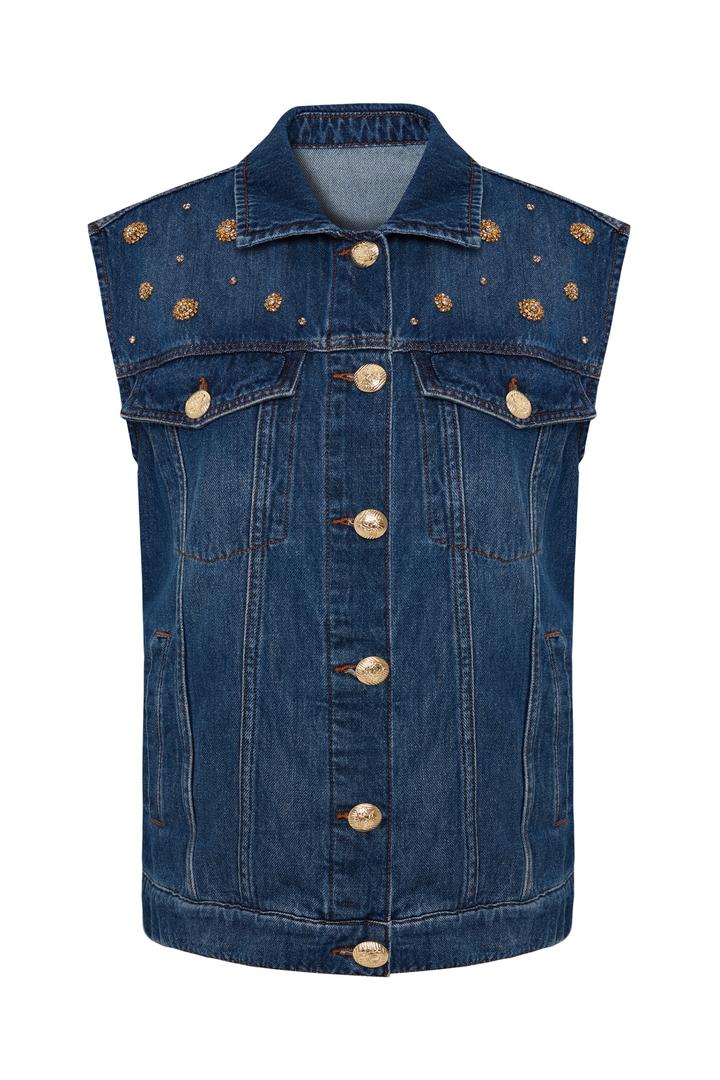 Taş Detaylı Pamuk İndigo Denim Yelek