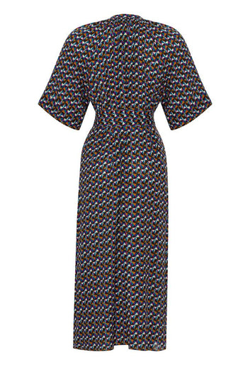 Dik Yaka Desenli Oversize Elbise