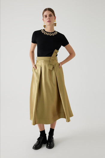 Kuşak Detaylı Regular Gold Midi Etek