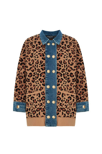 Leopar Desen Denim Garnili Oversize Hırka
