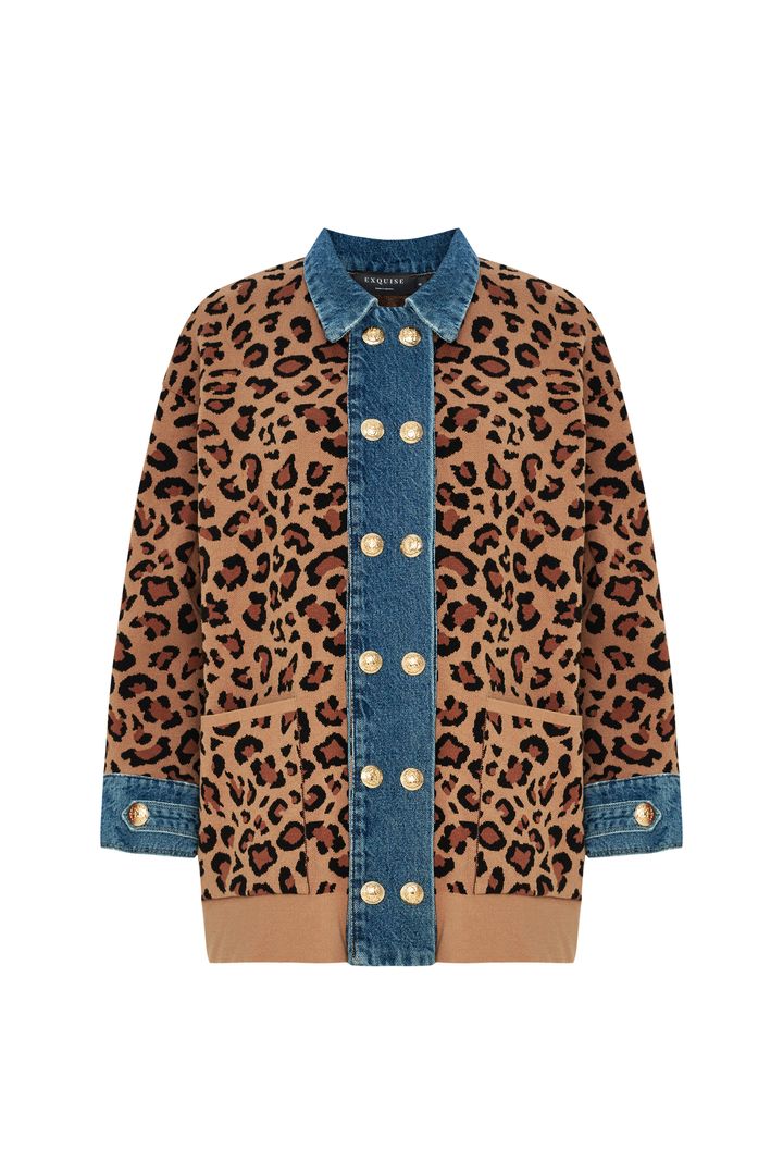 Leopar Desen Denim Garnili Oversize Hırka