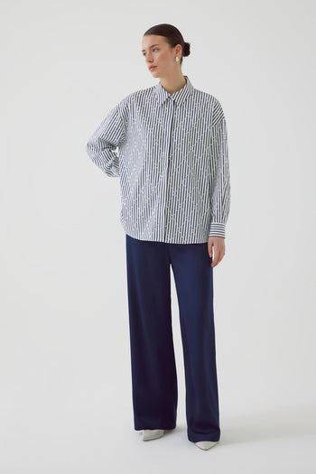 Oversize Parlak Taş Baskılı Çizgili Gömlek