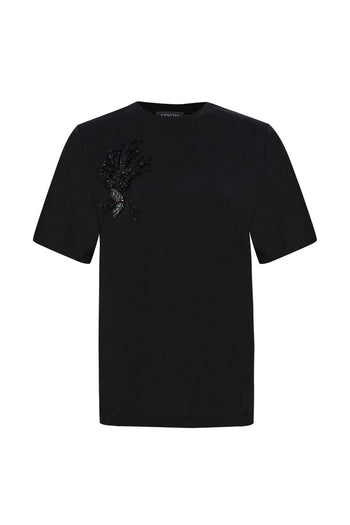 Bisiklet Yaka İşlemeli Regular Siyah T-shirt