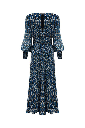 Balon Kollu Yaprak Desenli Elbise