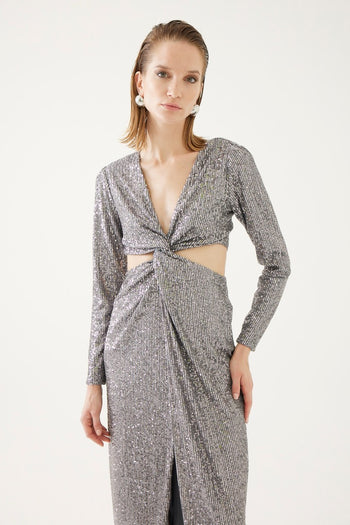 Bel Detaylı Payetli Elbise