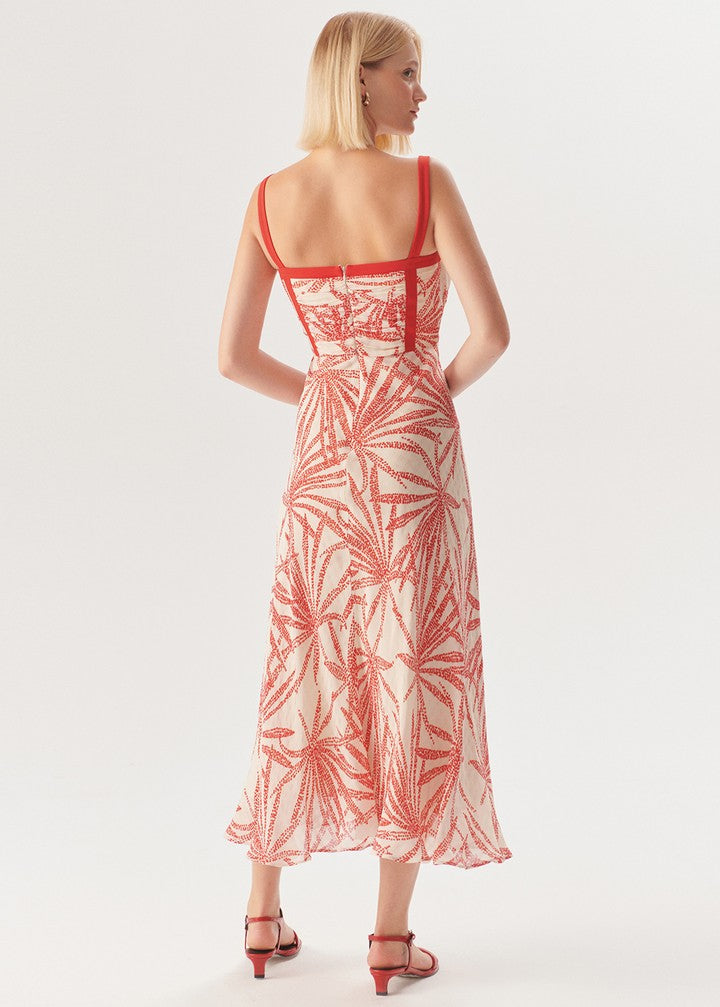 Desenli Kırmızı Biyeli Askılı Regular Midi Rayon Şifon Elbise