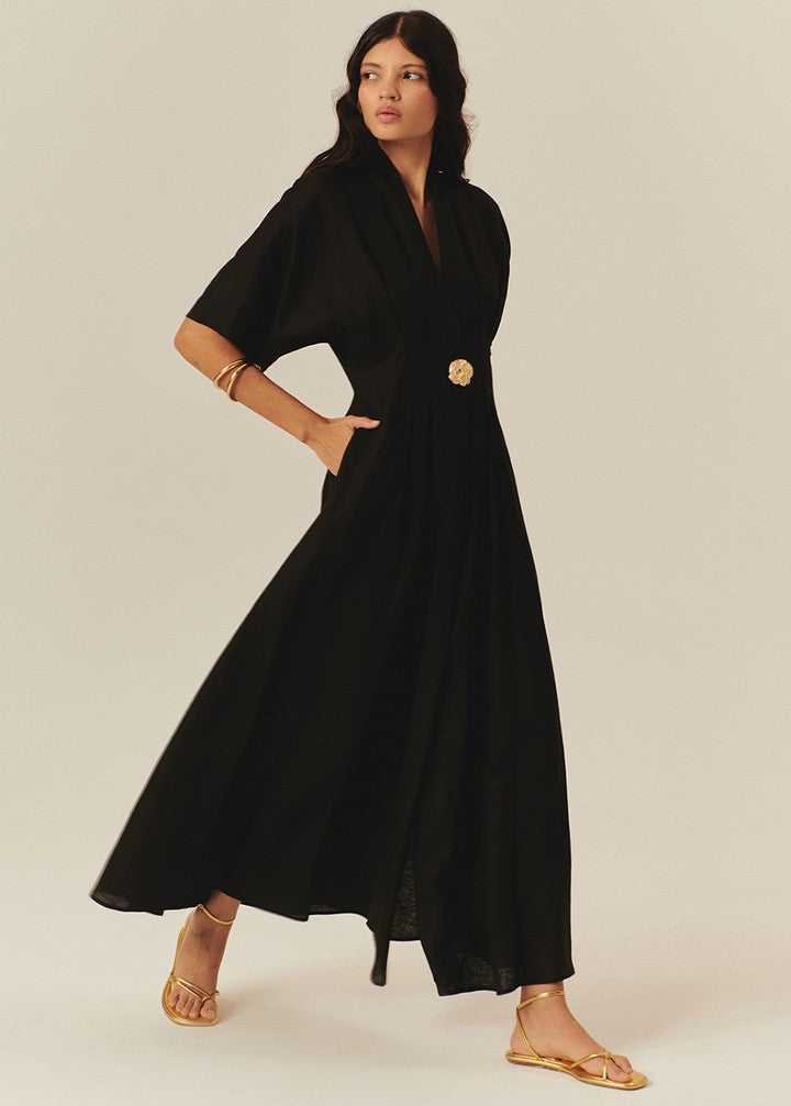 Düğme Detaylı Bele Oturan A Kesim Maxi Keten Elbise