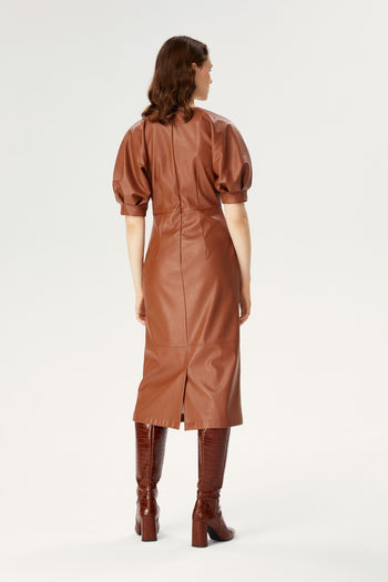 Balon Kol Midi Suni Deri Elbise