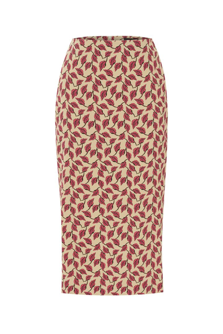 Yaprak Desenli Yırtmaçlı Slim Fit Kalem Etek