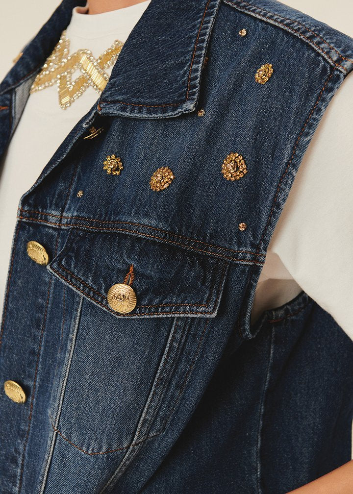 Taş Detaylı Pamuk İndigo Denim Yelek