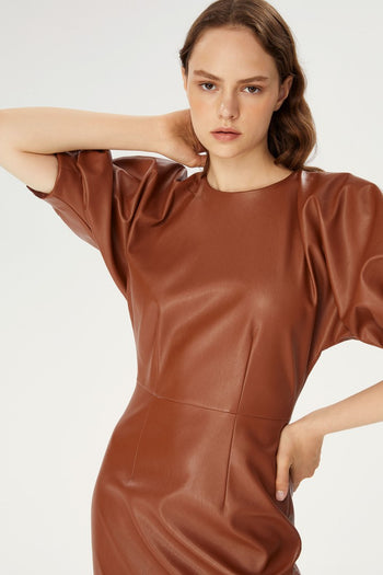 Balon Kol Midi Suni Deri Elbise