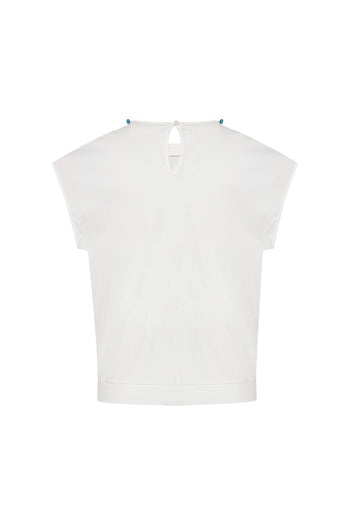 Boncuk İşlemeli Beyaz Regular T-Shirt