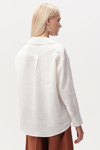 Uzun Kollu Cepli Düğmeli Keten Regular Beyaz Gömlek