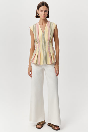 V Yaka Kolsuz Bele Oturan Pileli Regular Çok Renkli Gömlek