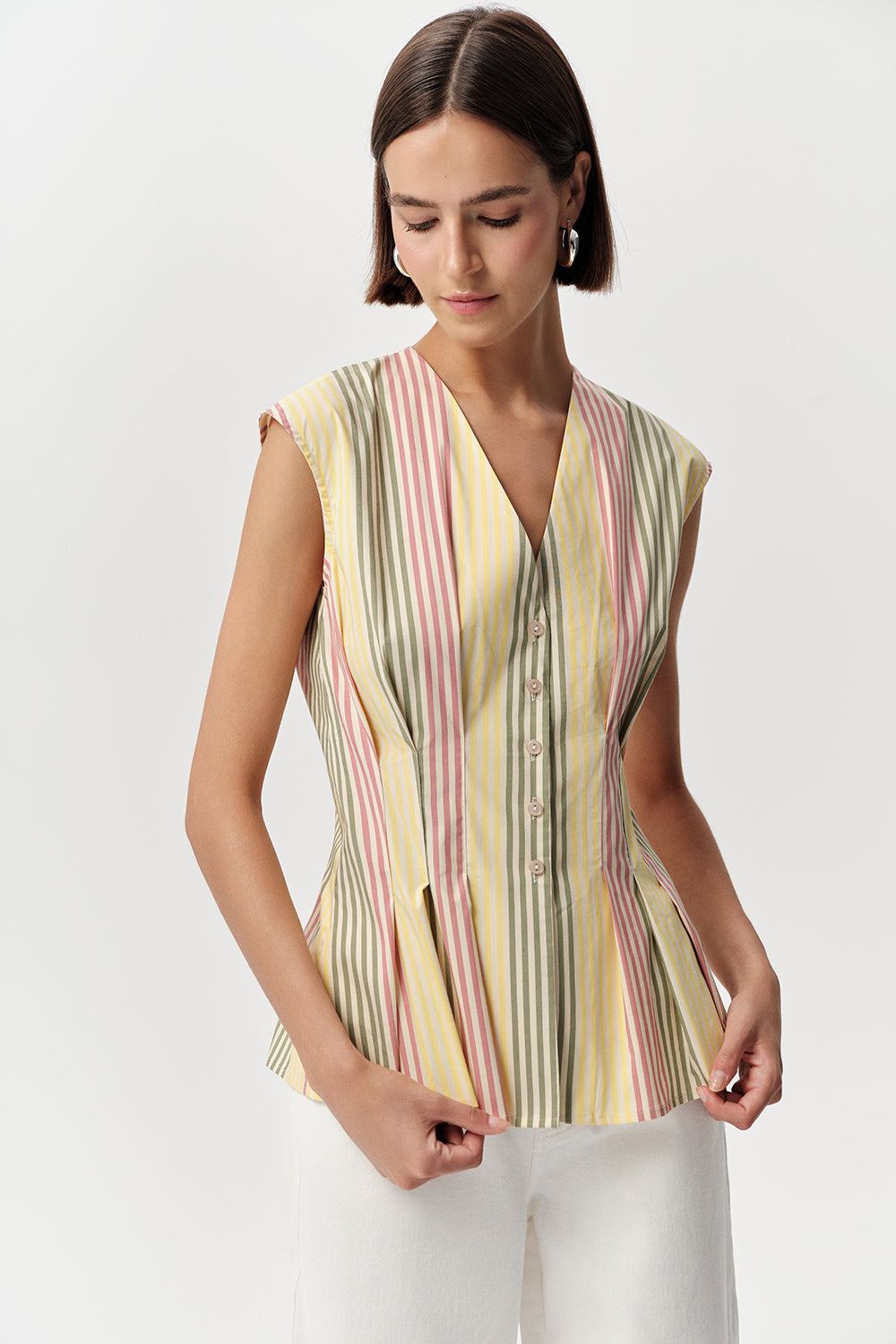 V Yaka Kolsuz Bele Oturan Pileli Regular Çok Renkli Gömlek