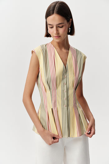 V Yaka Kolsuz Bele Oturan Pileli Regular Çok Renkli Gömlek