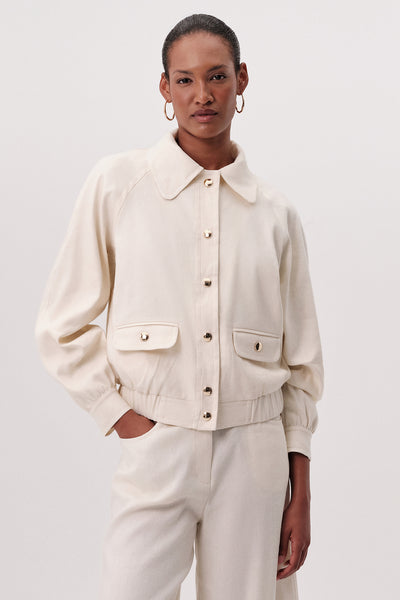Cepli Uzun Kollu Beli Lastikli Crop Bomber Ekru Ceket