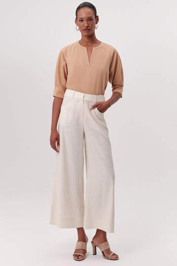 Yüksek Bel Fermuarlı Cepli Geniş Paça Regular Krem Pantolon