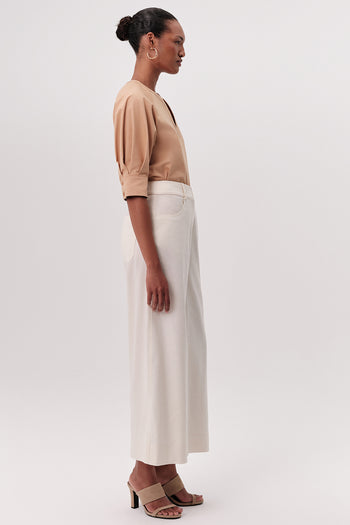 Yüksek Bel Fermuarlı Cepli Geniş Paça Regular Krem Pantolon