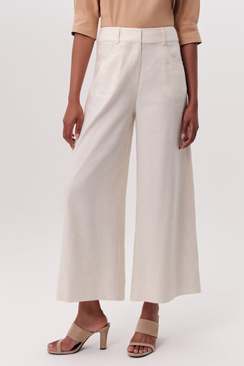Yüksek Bel Fermuarlı Cepli Geniş Paça Regular Krem Pantolon