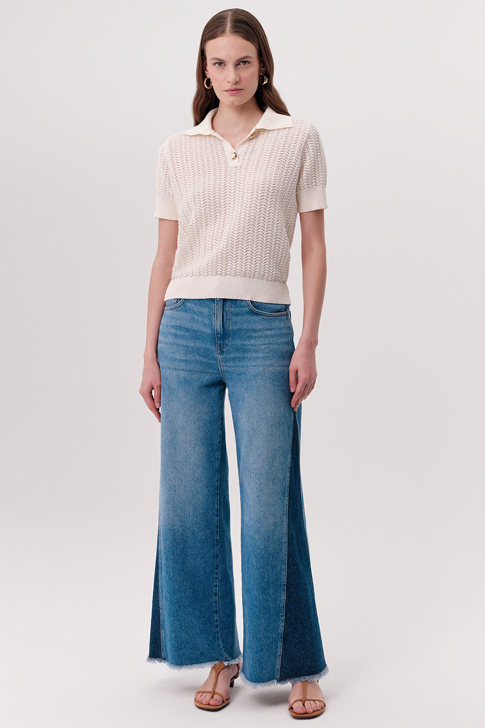 Polo Yaka Düğme Detaylı Kısa Kollu Regular Triko Krem Bluz