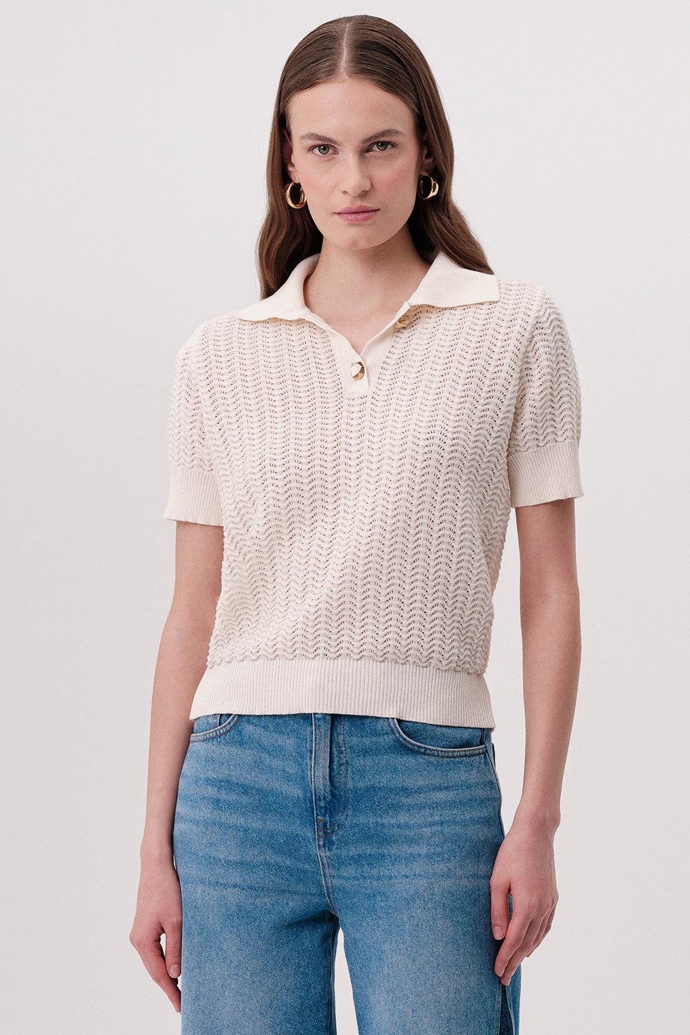 Polo Yaka Düğme Detaylı Kısa Kollu Regular Triko Krem Bluz