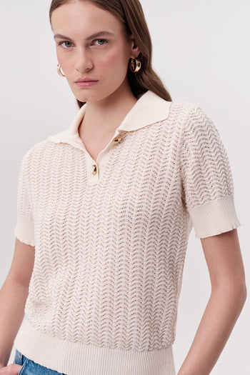 Polo Yaka Düğme Detaylı Kısa Kollu Regular Triko Krem Bluz