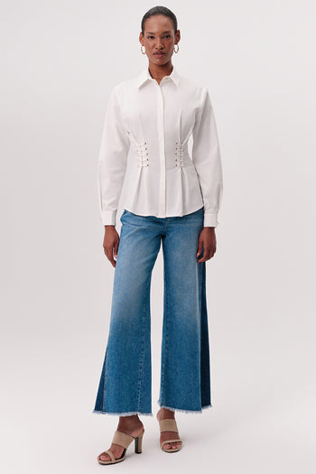 Gömlek Yaka Kuş Gözü Detaylı Bele Oturan Regular Beyaz Gömlek