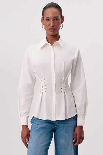 Gömlek Yaka Kuş Gözü Detaylı Bele Oturan Regular Beyaz Gömlek